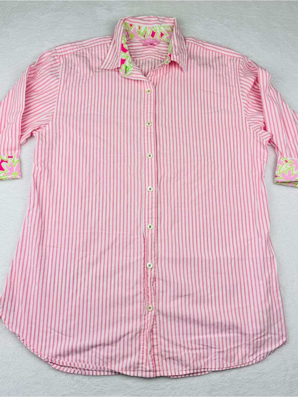 Lilly Pulitzer button-down top. Pink/ white striped pattern. Size S.
